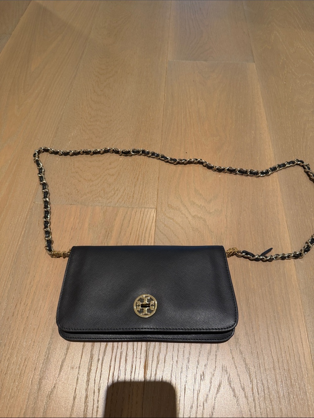 Tory Burch Black Leather Crossbody with Gold Chain